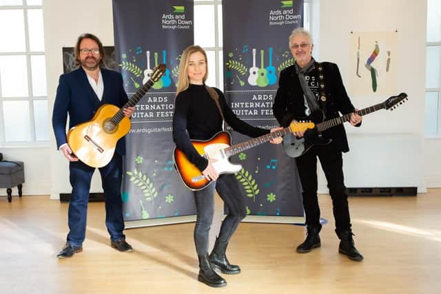 Musicians Paddy Anderson and Sam Davidson along with Festival Director, Emily Crawford launch the 2022 Ards International Guitar Festival