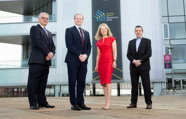 Pictured at the Northern Ireland Showcase at the ICC, Belfast, are Mel Chittock, Invest NI Interim CEO, Economy Minister Gordon Lyons, Karen Patterson, Northern Ireland Showcase 2022 host and Con Gallagher, global sales manager, Kiverco