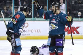 Belfast Giants’ David Goodwin celebrates scoring against Manchester Storm during last Sunday’s Elite Ice Hockey League game at the SSE Arena