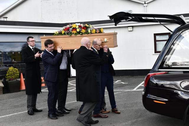 PACEMAKER BELFAST 03/03/2022 
Andy Cardy (Husband)  carries the coffin with family and Friends during Patricia Cardy â€TMs Funeral at Hillsborough Elim Church on Thursday.

Patricia Cardy, whose daughter Jennifer was murdered by the serial killer Robert Black, has passed away peacefully in hospital. She was 73.

The Ballinderry woman, who had been battling ill health for some time, had been lovingly cared for at their Co Antrim home, by her husband Andy.
 Photo Colm Lenaghan/ Pacemaker Press