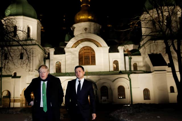 Boris Johnson in Kyiv last month with President Zelentsky of Ukraine. Mr Johnson was criticised at home and meanwhile Germany said sales of arms to Ukraine raised tensions, while France talked to President Putin