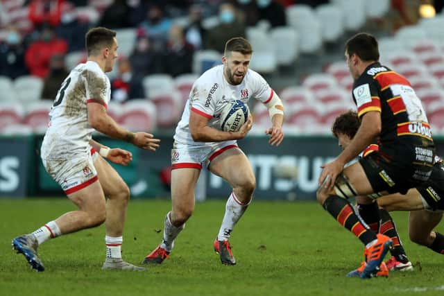 GLOUCESTER, ENGLAND - DECEMBER 19: Stuart McCloskey of Ulster charges upfield during the Heineken Champions Cup Pool 2 match at Kingsholm Stadium on December 19, 2020 in Gloucester, England. (Photo by David Rogers/Getty Images)
