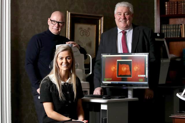 Professor Colin Willoughby, Professor of Ophthalmology, Cliodhna McGrady, specialist optometrist and Geoff McConville