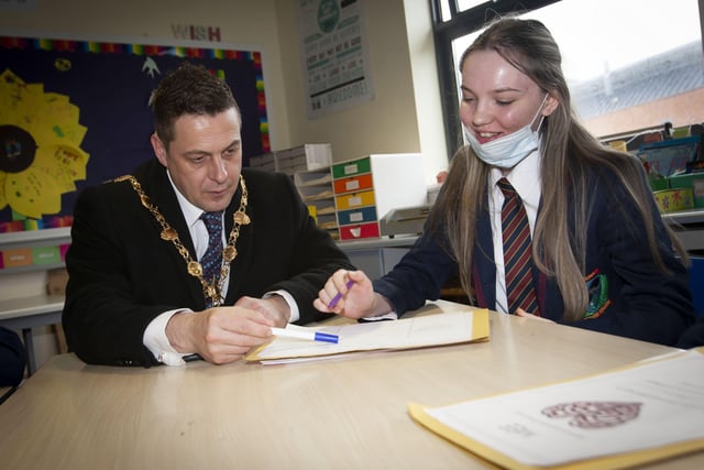 Mayor of Derry City and Strabane District Council Graham Warke pictured working with Year 9 student Maddie Strawbridge during his visit to Oakgrove College.