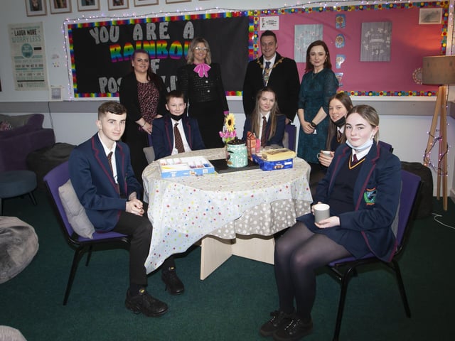 NURTURE ROOM VISIT. . . . . The Mayor, Graham Warke and Professor Siobhan O'Neill pictured with Ms Aislinn Breslin, Student Support Officer & MEE teacher,  Mrs Katrina Crilly Principal, and Oakgrove College students on Monday morning when they visited the school's Nurture Room. (Photos: Jim McCafferty Photography)
