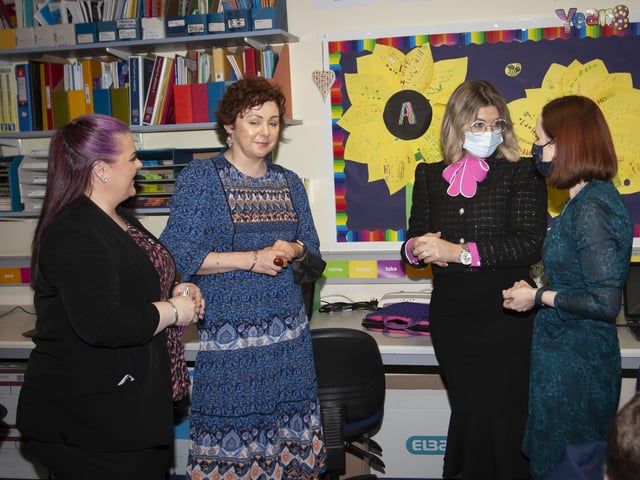 Ms Aislinn Breslin, Mrs .Judith Colvin, Mrs Katrina Crilly, Principal and Mental Health Champion Professor Siobhan O'Neill in conversation during a courtesy visit to Oakgrove College.