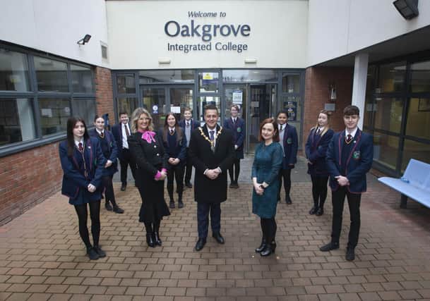 The Mayor of Derry City and Strabane District Council, Graham Warke and Professor Siobhan O’Neill, Mental Health Champion for Northern Ireland, pictured on a courtesy visit to Oakgrove Integrated College. Included is Mrs Katrina Crilly (Principal), Suranne Mullan, Head Girl,  Dara Donaghy, Head Boy and students who took part in a questions and answers session.