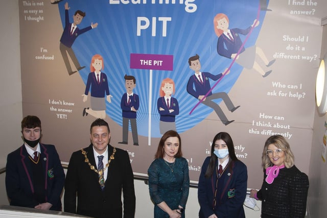 Group pictured during a tour of Oakgrove College on Monday morning. From left, Dara Donaghy, Head Boy, Mayor, Alderman Graham Warke, Siobhan O'Neill, Mental Health Champion NI, Suranne Mullan, Head Girl and Mrs. Katrina Crilly, Principal. (Photos: Jim McCafferty Photography)