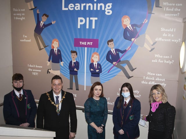 Group pictured during a tour of Oakgrove College on Monday morning. From left, Dara Donaghy, Head Boy, Mayor, Alderman Graham Warke, Siobhan O'Neill, Mental Health Champion NI, Suranne Mullan, Head Girl and Mrs. Katrina Crilly, Principal. (Photos: Jim McCafferty Photography)