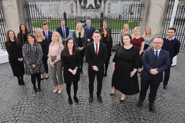 Amber Newell (insurance) solicitor, Ben Palmer (corporate) solicitor, John McCloskey (insurance) associate, James Griffiths (dispute resolution) director, Stephen Hill (insurance) solicitor, Olivia Cumming (dispute resolution) paralegal, Emma McCammon (real estate) trainee solicitor, Niall Cameron (real estate) paralegal. Middle: Rachael Linehan (Insurance) Solicitor, Sophie Hynds (Insurance) Solicitor, Louise Craig (insurance) associate, Emma Whiteside (insurance) trainee solicitor, Victoria Howson (real estate) senior associate. Front: Nicola McKane (real estate) associate, Jenna Weir, BD & marketing executive, Lauren Killen, BD & marketing executive, Paul Stelges (insurance) trainee solicitor, Orla Hanna (corporate services) director, Stiofan Doherty (corporate services) senior associate