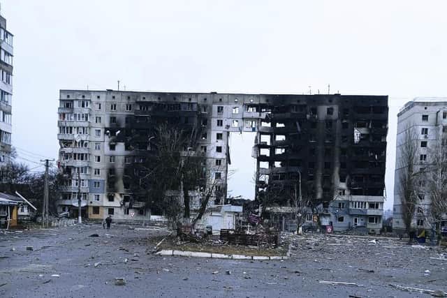 A view of heavy damage in the residential area of Borodyanka, on the outskirts of Kyiv, Ukraine, Thursday, March 3, 2022, following a Russian strike. (Twitter/StahivUA via AP)
