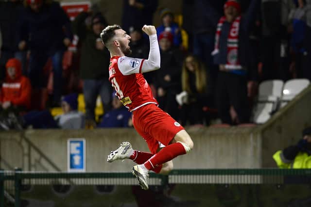 Jamie McDonagh celebrates scoring for Cliftonville in last night's 2-1 success over Coleraine to secure Irish Cup quarter-final delight. Pic by Pacemaker.
