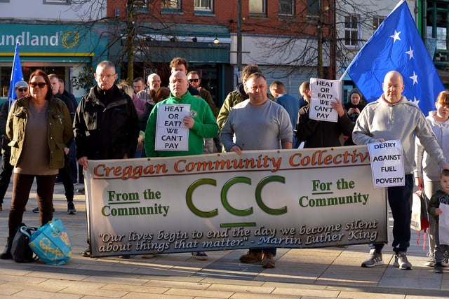 Creggan Community Collective the Derry Against Fuel Poverty protest in Waterloo Square on Saturday afternoon last. Photo: George Sweeney.  DER2209GS – 063