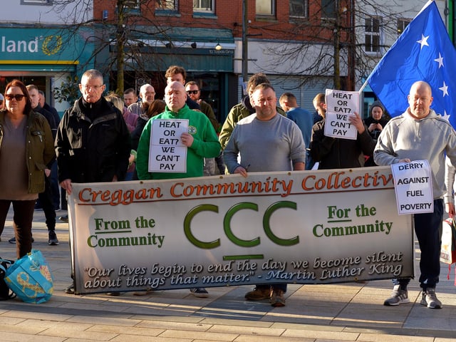 Creggan Community Collective the Derry Against Fuel Poverty protest in Waterloo Square on Saturday afternoon last. Photo: George Sweeney.  DER2209GS – 063