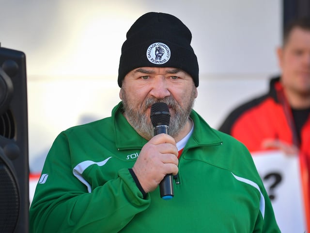 Danny Morrison, Galliagh Community Response, speaking at the Derry Against Fuel Poverty rally in Waterloo Place on Saturday afternoon last. Photo: George Sweeney.  DER2209GS – 069