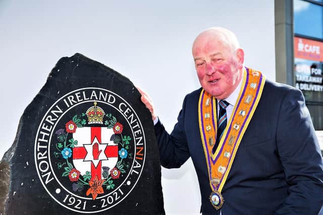 ONE USE ONLY NO ARCHIVE Handout photo issued by Graham Baalham-Curry of Grand Master Edward Stevenson attending the unveiling of the CentenNIal stone at Schomberg House in Belfast. Picture date: Saturday March 5, 2022.