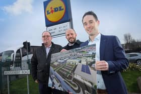 Pictured at the Castlereagh Road site is Gerard Mc Cleland, CEO of Ganson UK, Scott Nelson, senior construction manager at Lidl Northern Ireland and Chris Speers, regional property executive, Lidl Northern Ireland