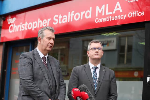 Press Eye - Belfast - Northern Ireland - 7th March 2022

DUP leader Sir Jeffrey Donaldson and party colleague Edwin Poots hold a press conference outside the late Christopher Stalford's constituency office on Sandy Row, south Belfast. 

Edwin Poots is to be co-opted into he party's seat for the area after the recent passing of Christopher Stalford. 

Picture by Jonathan Porter/PressEye