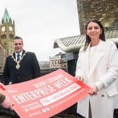 Alderman Graham Warke with Danielle McNally, business support officer, DCSDC and Spartacus co-founder Alastair Cameron at the launch of the annual Enterprise Week