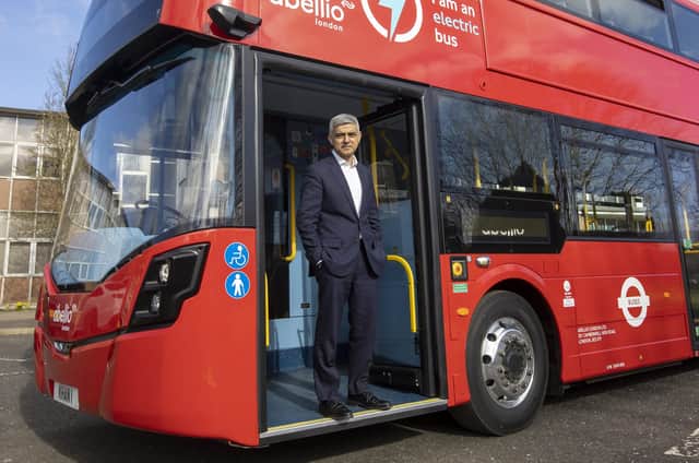 Mayor of London, Sadiq Khan during a visit to the Wrightbus' Ballymena factory to see the London electric double decker buses being made by the Northern Irish manufacturer.
