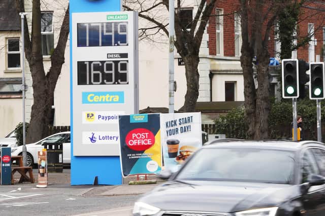 Petrol and diesel prices at the Solo filling station on the Ormeau Road in Belfast on March 7, 2022.  Photo: Peter Morrison/ PressEye