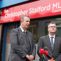 DUP leader Sir Jeffrey Donaldson and party colleague Edwin Poots hold a press conference outside the late Christopher Stalford's constituency office on Sandy Row, south Belfast. 


Picture: Jonathan Porter/PressEye