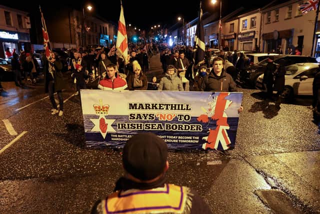 Thousands attend a parade and protest in the Co Armagh village of Markethill, against the NI Protocol on 18 February. 

Picture: PressEye