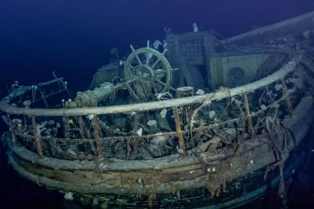 The taffrail, ship's wheel and aft well deck on the wreck of Endurance, which has been found at a depth of 3008 metres in the Weddell Sea.