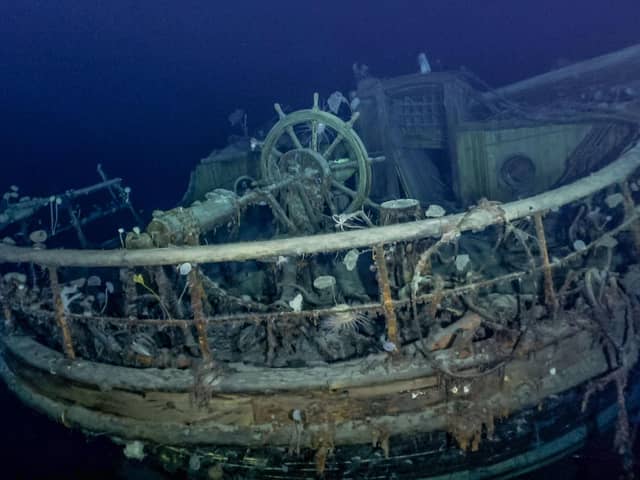 The taffrail, ship's wheel and aft well deck on the wreck of Endurance, which has been found at a depth of 3008 metres in the Weddell Sea.