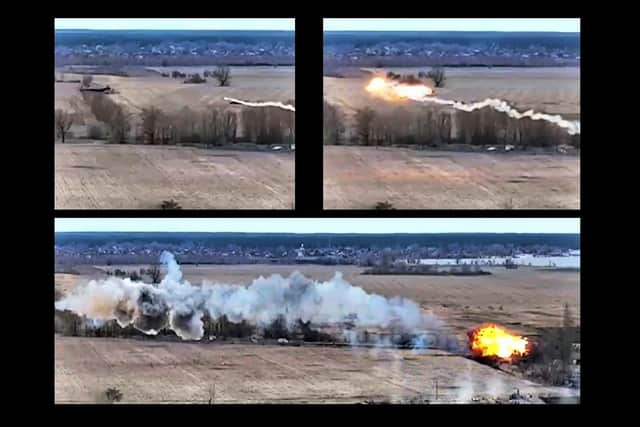 Russian helicopter being downed by an unknown Ukrainian missile