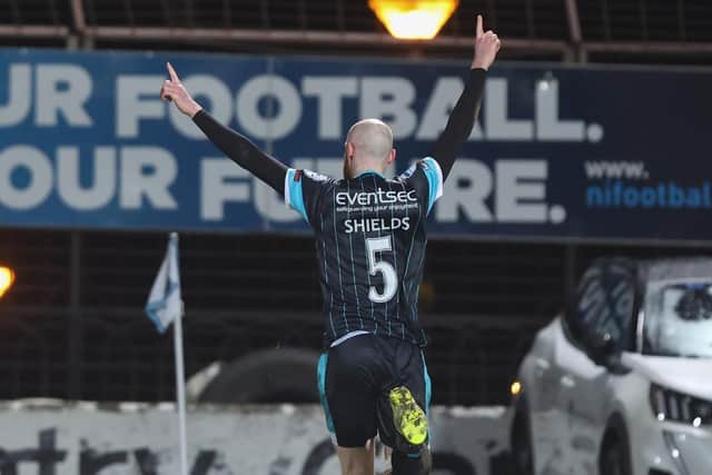 Chris Shields celebrates after putting Linfield 2-0 up at Ballymena United