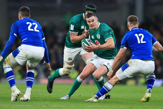 Johnny Sexton of Ireland runs with the ball during the Six Nations Rugby match between Ireland and Italy at Aviva Stadium on February 27, 2022 in Dublin, Ireland. (Photo by David Rogers/Getty Images)