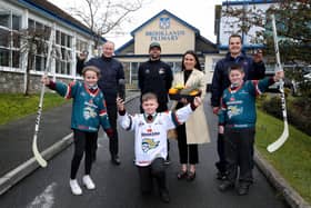 Back, from left, Jeremy Armstrong (principal, Brooklands Primary School, Dundonald), Jeff Mason (assistant coach, Belfast Giants), Paula McKay (communications and marketing executive at Belfast Harbour), Ralph Coetzee (head of KS2 and PE co-ordinator, Brooklands Primary School). Front, from left, Alexis Smith, Carson King, DJ Hamilton (all Brooklands Primary School). The Stena Line Belfast Giants, in partnership with community outreach partner Belfast Harbour, have launched the club’s Healthy Lifestyle Programme for 2022
