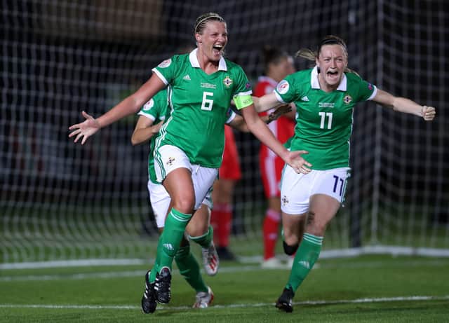 Northern Ireland's Ashley Hutton celebrates scoring their second goal during the UEFA Women's Euro 2021 Qualifying Group C match at Rodney Parade, Newport. Photo credit: David Davies/PA Wire.