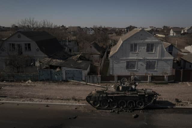 A destroyed tank after battles between Ukrainian and Russian forces near Brovary, north of Kyiv. Putin’s ‘blitzkreig’ style invasion is grinding to a halt