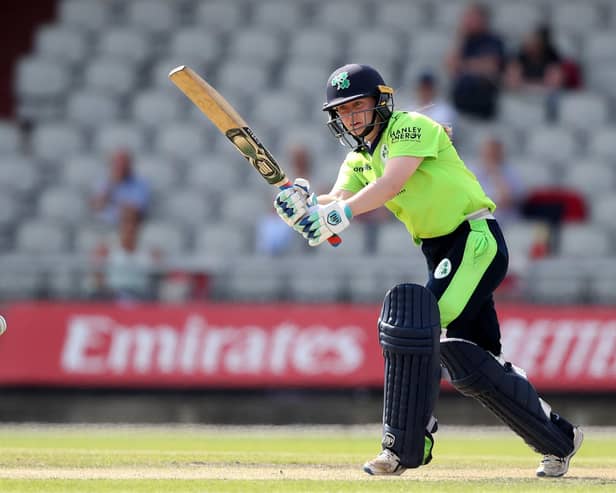 Ireland captain Laura Delany bats during the Women's Twenty20 tour match between Lancashire Women and Ireland Women at Emirates Old Trafford on July 01, 2021 in Manchester, England. (Photo by Jan Kruger/Getty Images)