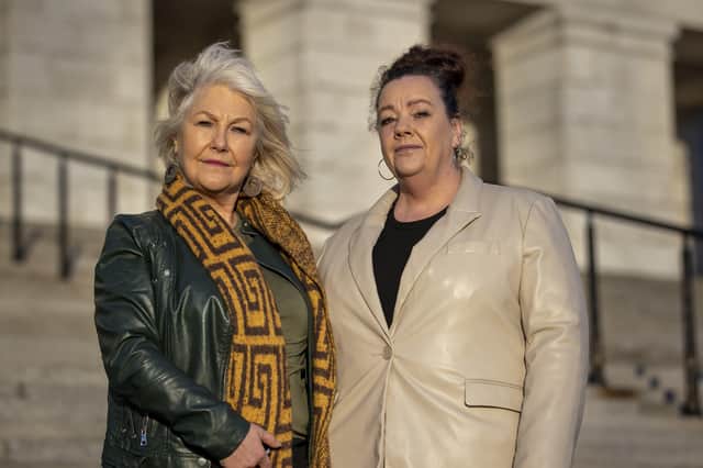 Margaret McGuckin (left) and Denise Burke of Survivors and Victims of Institutional Abuse (SAVIA) on the steps of Parliament Buildings at Stormont, Belfast. Picture date: Monday February 14, 2022.