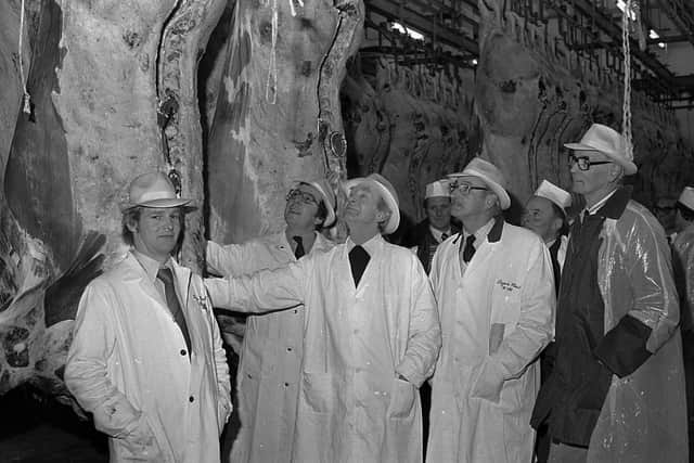 Pictured in March 1981 viewing the Simmental quality carcases at a Belfast meat plant are, Mr Eric Cuttle, third, left, managing director of the Lagan Meat Company, with, from left, Mr David Cuttle, Mr Campbell Tweed, Mr Robert McBride, secretary of the Northern Ireland Simmental Cattle Breedersâ€TM Club, and Mr David Perry, chairman. Picture: Farming Life/News Letter archives