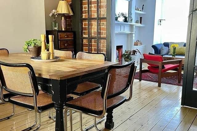 “The Marcel Breuer Cesca chairs were bought from a seller on Facebook Marketplace. I got six for £60. The old copper lamp is a repurposed antique fire extinguisher bought in a thrift store in Las Vegas for $5. The filing cabinet was £50 from the St Vincent de Paul shop in Belfast city centre.”