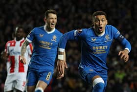 Rangers captain James Tavernier celebrates after firing his side in front against Red Star Begrade in the Europa League at Ibrox last night