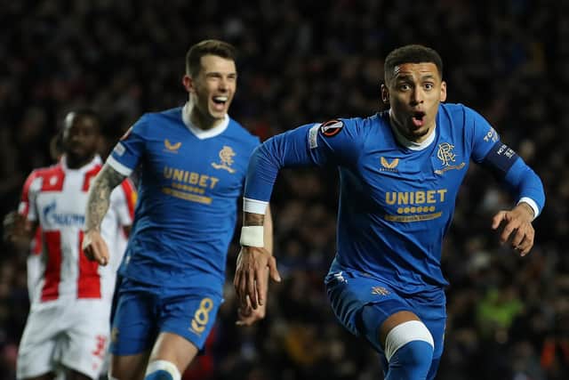Rangers captain James Tavernier celebrates after firing his side in front against Red Star Begrade in the Europa League at Ibrox last night
