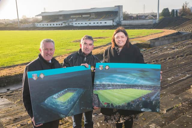 Communities Minister Deirdre Hargey, Finance Minister Conor Murphy and Tom Daly, the chairman of Casement Park Stadium Development Project Board pictured at the stadium when the plans were revealed.