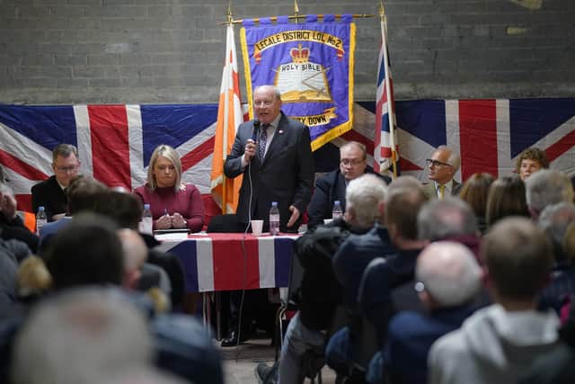 Jim Allister speaking at a rally in opposition to the Northern Ireland Protocol at Crossgar Orange Hall. Photo by Brian Lawless/PA Wire