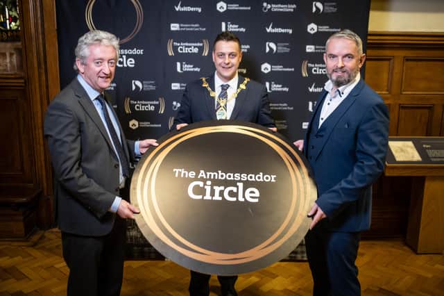Pictured at the Guildhall in Londonderry launching the Ambassador Circle are John McGrillen, CEO Tourism NI, Mayor of Derry City & Strabane District Council, Alderman Graham Warke and Odhran Dunne, CEO Visit Derry