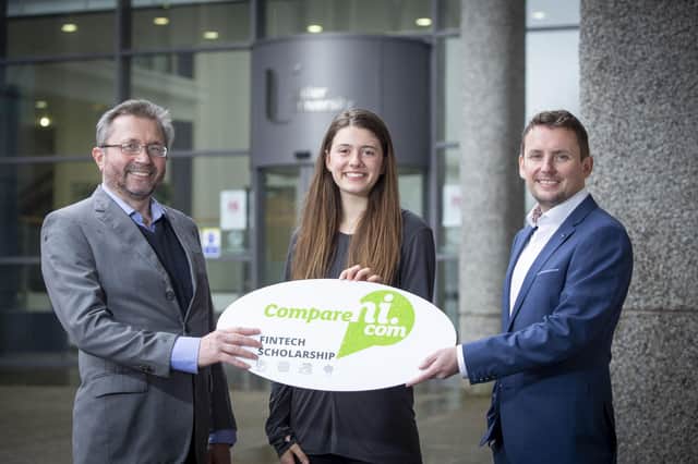 Professor Daniel Broby, chair of financial technology at Ulster University, CompareNI.com with Fintech Scholarship winner Kenna White, an Environmental Science student from Ulster University and CompareNI.com managing director Ian Wilson