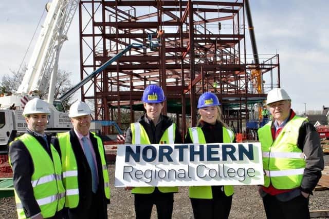 Northern Regional College principal & CE Mel Higgins is pictured with project board members and college governors Ian Murphy and Bill McCluggage alongside site engineer apprentice Jack Neill and Civil engineering placement student Orla McEvoy on-site at the College's new Coleraine campus