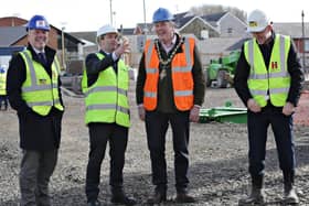 Northern Regional College principal & CE Mel Higgins discusses progress at the College’s Union Street site with Mayor Cllr Richard Holmes and Heron Bros.’ deputy managing director Martin O’Kane and construction director Karl McKillop on-site at the College's new Coleraine campus