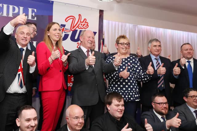 TUV leader Jim Allister (third left) at Saturday’s conference in Cookstown with some of the party’s Assembly election candidates