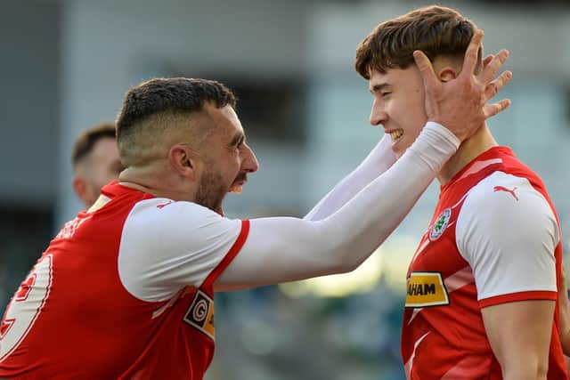 Joe Gormley (left) and Paul O'Neill (right) grabbed a brace of goals apiece to secure Cliftonville success over Coleraine by 4-3 in the BetMcLean League Cup final. Pic by Pacemaker