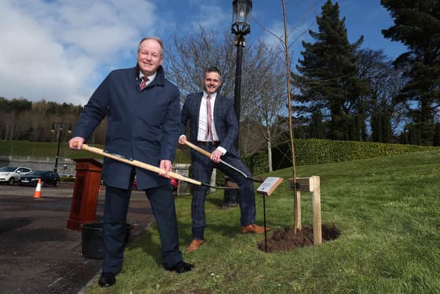 Chairman of the Northern Ireland Assembly Commonwealth Parliamentary Association (CPA) Branch William Humphrey and Northern Ireland Assembly Commission Member Robbie Butler at the tree planting event at Stormont. Photo by Kelvin Boyes / Press Eye.